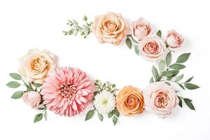Floral Frame with Roses and Eucalyptus Leaves on White Background photo