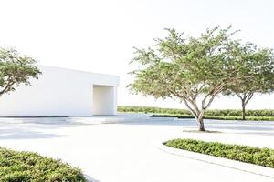 Minimalist White Building with Green Trees in a Landscape photo
