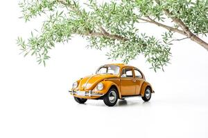 Classic Yellow Beetle Car Under Tree Branches photo