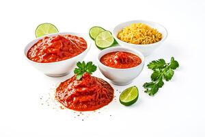 Spicy Chili Sauce, Lime Wedges, and Noodles in White Bowls photo