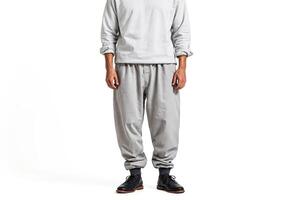 Man in gray sweatpants and white sweater standing on white background photo