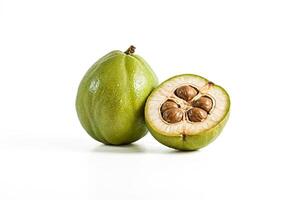 Green Nut with Five Seeds Cut in Half on White Background photo