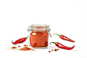 Spicy Chili Sauce in Glass Jar with Red Chili Peppers photo