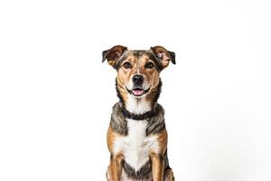 Happy Dog Sitting in Front of White Background photo