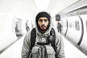 Man in hooded jacket looking at camera in a tunnel photo
