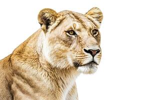 Close-up Portrait of a Lioness on a White Background photo