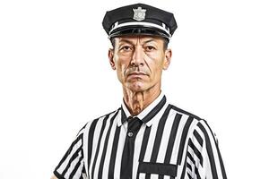 Referee in striped uniform and cap photo