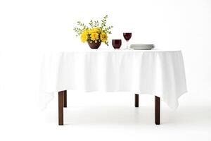 White Tablecloth on Round Table with Yellow Flowers, Wine Glasses, and Plates photo