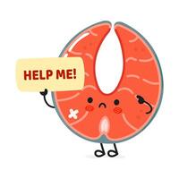 Cute sad sick Red fish salmon asks for help character vector