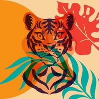 Tiger looking through the leaves in the jungle. Colorful cute screen printing effect. Riso print effect. Graphic element for fabric, textile, clothing, wrapping paper, wallpaper vector
