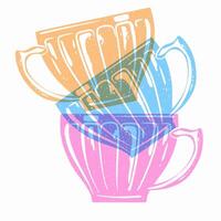 Coffee or tee cups. Colorful cute screen printing effect. Riso print effect. Graphic element for fabric, textile, clothing, wrapping paper, wallpaper, poster. vector