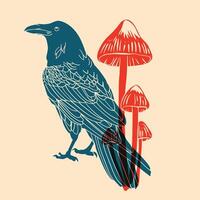 Raven and mushrooms. Colorful cute screen printing effect. Riso print effect. Graphic element for fabric, textile, clothing, wrapping paper, wallpaper, poster. vector