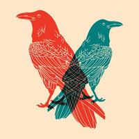 Raven. Colorful cute screen printing effect. Riso print effect. Graphic element for fabric, textile, clothing, wrapping paper, wallpaper, poster. vector