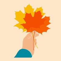 Red and yellow maple leaves in hand. illustration in a minimalist style with Riso print effect. vector