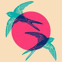 Two swallows in sky flying towards the sun. Colorful cute screen printing effect. Riso print effect. . Graphic element for fabric, textile, clothing, wrapping paper, wallpaper vector
