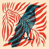 Raven. Colorful cute screen printing effect. Riso print effect. illustration. Graphic element for fabric, textile, clothing, wrapping paper, wallpaper, poster. vector