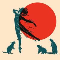 Silhouette of a ballerina, a dancer with a pumpkin instead of a head in a jump. Design element for Halloween, posters, prints for clothing, banners, covers, websites, social networks, logo. Risograph vector