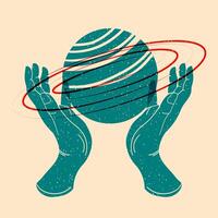 The planet Saturn in the hands of man. Esoterics symbol. Colorful cute screen printing effect. Riso print effect. illustration. Graphic element for fabric, textile, clothing, wrapping paper vector