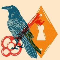 Raven with a key near the lock. Colorful cute screen printing effect. Riso print effect. illustration. Graphic element for fabric, textile, clothing, wrapping paper, wallpaper, poster. vector