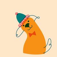 Dog, puppy in cap, hat. Avatar, badge, poster, logo templates, print. illustration in a minimalist style with Riso print effect. Flat cartoon style vector