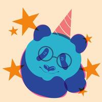 Panda in a birthday hat. Avatar, badge, poster, logo templates, print. illustration in a minimalist style with Riso print effect. Flat cartoon style vector