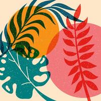 Background with tropical leaves, geometric shapes.Colorful cute screen printing effect. Riso print effect. illustration. Graphic element for fabric, textile, clothing, wrapping paper, poster vector
