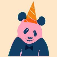 Panda in a birthday hat. Avatar, badge, poster, logo templates, print. illustration in a minimalist style with Riso print effect. Flat cartoon style vector