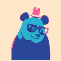 Panda in glasses. Avatar, badge, poster, logo templates, print. illustration in a minimalist style with Riso print effect. Flat cartoon style vector