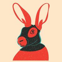 Rabbit in black mask. illustration in a minimalist style with Riso print effect. Graphic element for design, print, sticker, party decoration, logo, emblem, magazine prints or journal article, vector