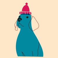 Dog, puppy in cap, hat. Avatar, badge, poster, logo templates, print. illustration in a minimalist style with Riso print effect. Flat cartoon style vector