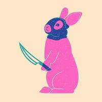 Rabbit in black mask. illustration in a minimalist style with Riso print effect. Graphic element for design, print, sticker, party decoration, logo, emblem, magazine prints or journal article, vector
