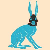 Rabbit in black mask. illustration in a minimalist style with Riso print effect. Graphic element for design, print, sticker, party decoration, logo, emblem, magazine prints or journal article, vector