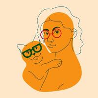 Girl with cat. Avatar, badge, poster, logo templates, print. illustration in doodle style with Riso print effect vector