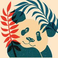 Panda on a background of tropical leaves. Avatar, badge, poster, logo templates, print. Illustration with Riso print effect. Flat style vector