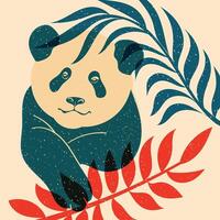 Panda on a background of tropical leaves. Avatar, badge, poster, logo templates, print. Illustration with Riso print effect. Flat style vector