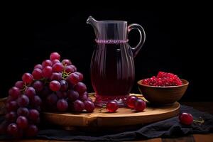 A refreshing glass of grape juice with ice cubes, set against a sunny background photo