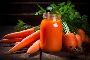 A A bottle of carrot juice with fresh carrots and a hint of ginger photo