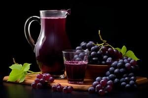 A refreshing glass of grape juice with ice cubes, set against a sunny background photo