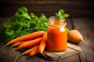 A A bottle of carrot juice with fresh carrots and a hint of ginger photo