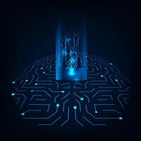Digital chip into abstract technology brain on dark blue background. Circuit board tech. vector