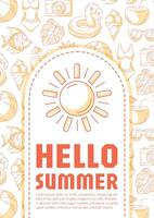 Summer beach vertical poster a4, orange modern minimalist design with seasonal line icons pattern, space for text. For banner, book cover, notebook, card, invitation, advertising or planner vector