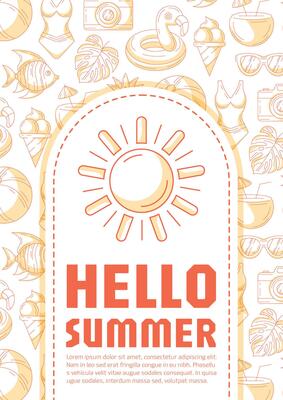 Summer beach vertical poster a4, orange modern minimalist design with seasonal line icons pattern, space for text. For banner, book cover, notebook, card, invitation, advertising or planner