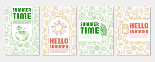 Set of summer beach vertical poster a4, orange and green modern minimalist design with seasonal line icons pattern. For banner, cover, notebook, card, invitation, advertising or planner vector