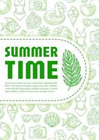 Summer beach vertical poster a4, green modern minimalist design with seasonal line icons pattern, space for text. For banner, book cover, notebook, card, invitation, advertising or planner vector