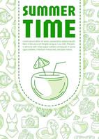 Summer beach vertical poster a4, green modern minimalist design with seasonal line icons pattern, space for text. For banner, book cover, notebook, card, invitation, advertising or planner vector