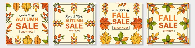 Set of autumn sale banner, square cards, fall background template with maple, oak, chestnut, rowan, aspen leaves, rosehip. Seasonal collection in warm color for promotion, social media, discount, web vector