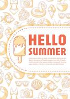 Summer beach vertical poster a4, orange modern minimalist design with seasonal line icons pattern, space for text. For banner, book cover, notebook, card, invitation, advertising or planner vector