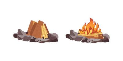 Fireplace campfire different types. Burning wood collection, travel and adventure symbol. Bonfire or woodfire in cartoon flat style set. A tourist bonfires in the different form of stack vector