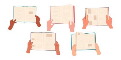 Hands of different representatives of races hold books. Read across day. vector