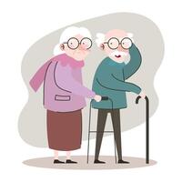 cute grandparents couple using cane and walker characters vector